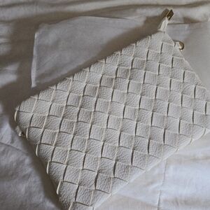 Creamy White Leather Woven Clutch, With Wristlet And Crossboy Strap